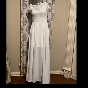 New BEBE 
genavive off shoulder maxi dress white